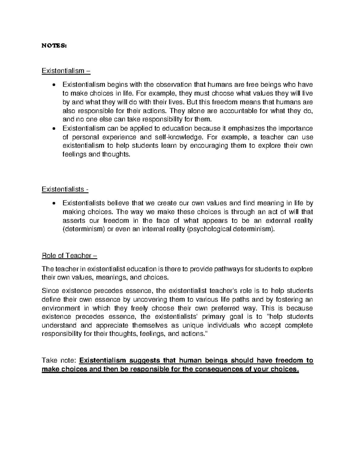 Existentialism Notes: Embracing Freedom and Responsibility in Education ...
