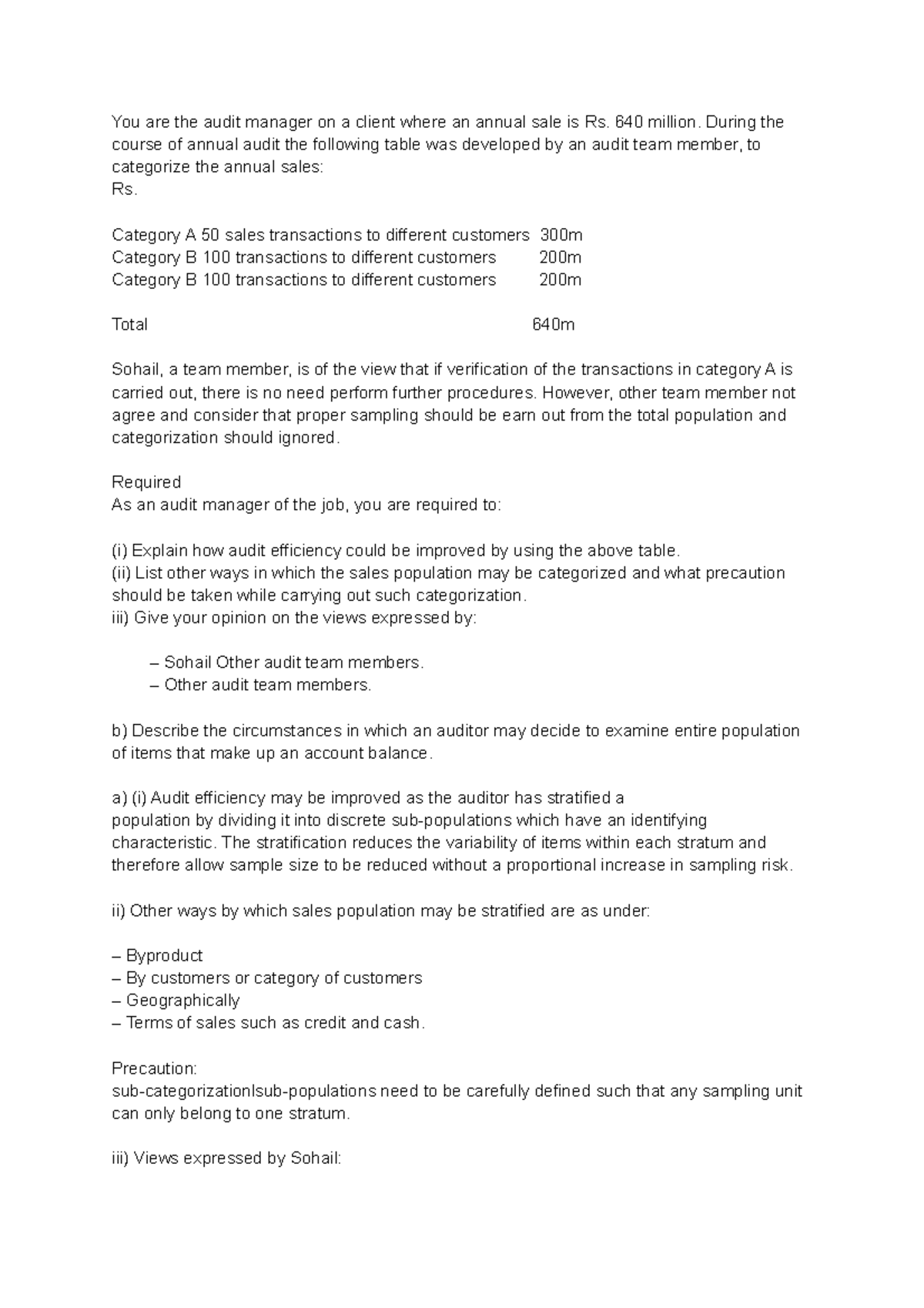 Case Study - Audit Principles - You are the audit manager on a client ...