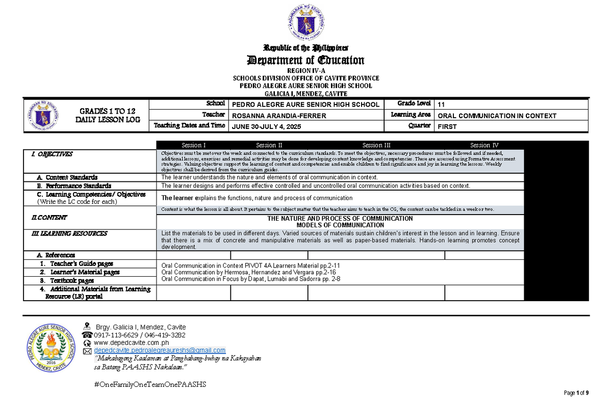 1 RAF 1Q W3 OC Daily Lesson Log for Oral Communication - Studocu
