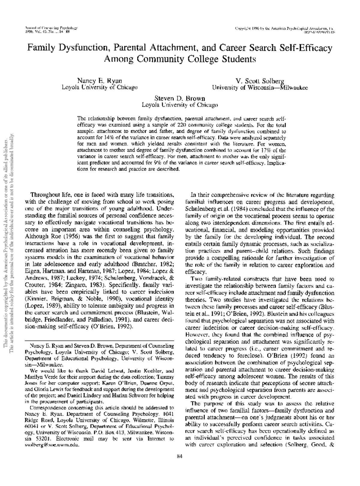 Family Dysfunction Parental Attachment and Career search self efficacy ...