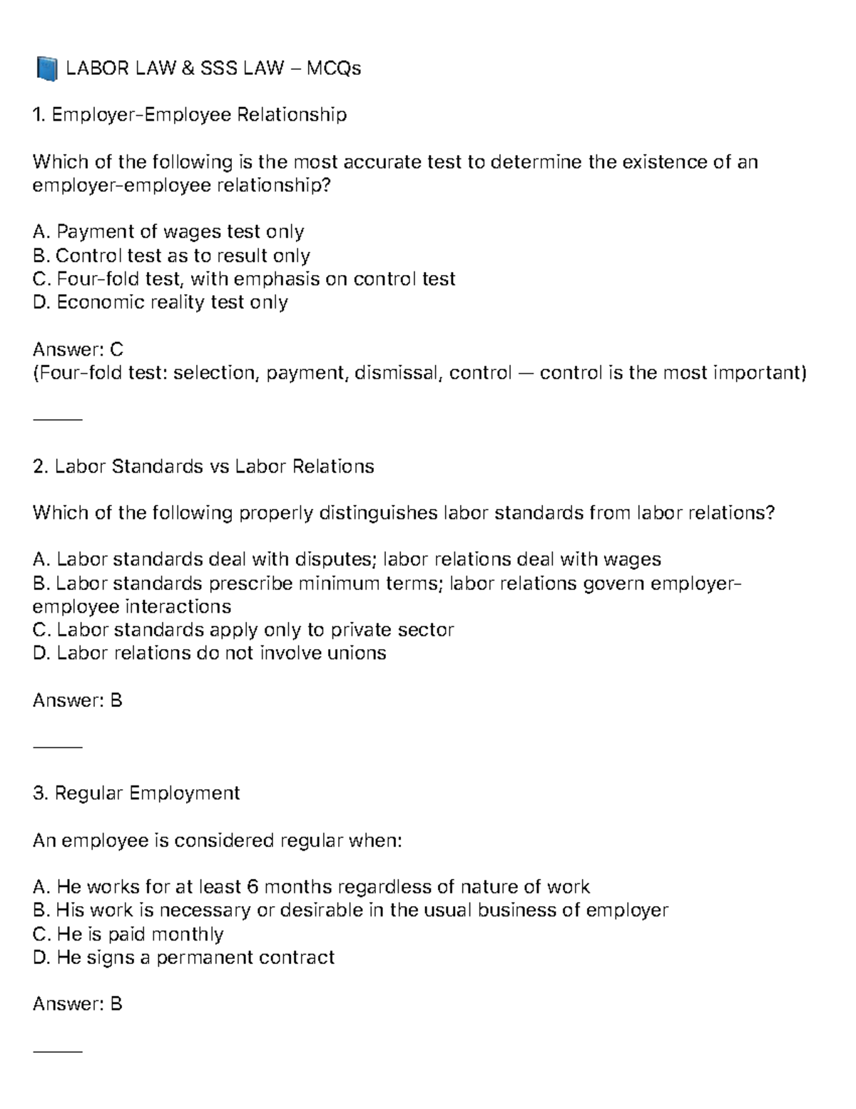 Labor Law MCQs Review for Course LAB 101 - Studocu