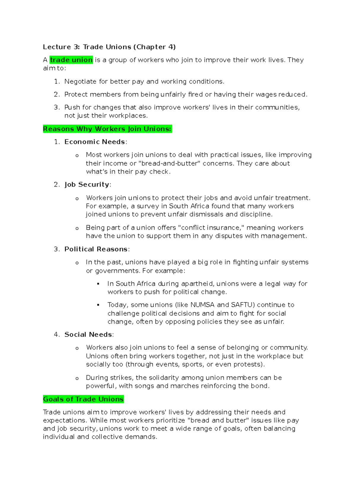 Lecture 3: Trade Unions Overview and Key Concepts (Chapter 4) - Studocu