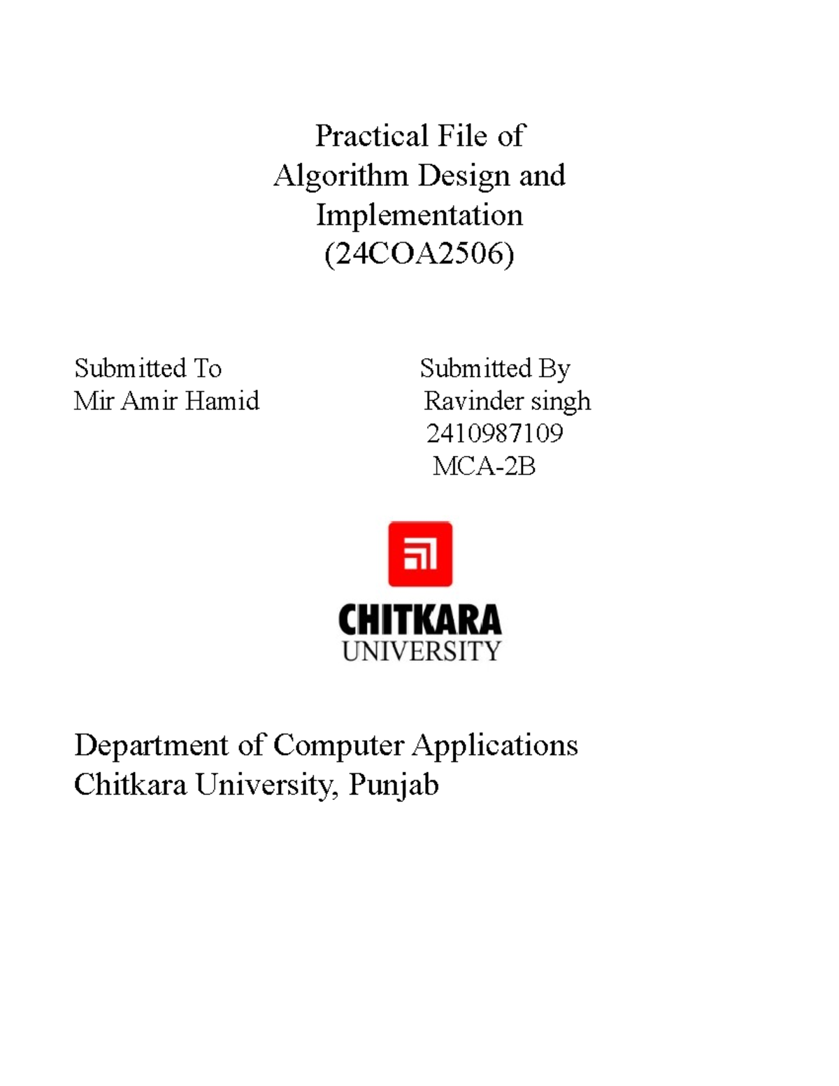 Practical File on Algorithm Design & Implementation (24COA2506) - Studocu