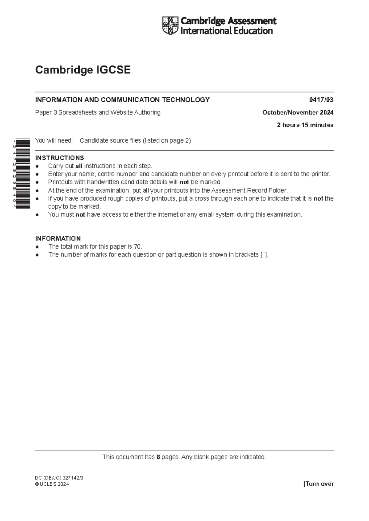 Cambridge ICT 0417/03 Paper 3: Spreadsheets & Web Authoring Exam 2023 ...