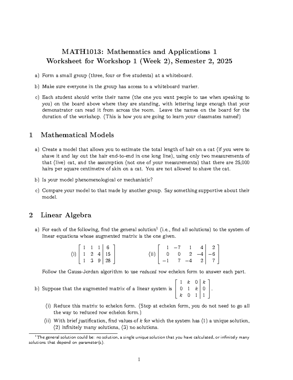 MATH1013: Workshop 1 Worksheet - Mathematical Models & Linear Algebra ...