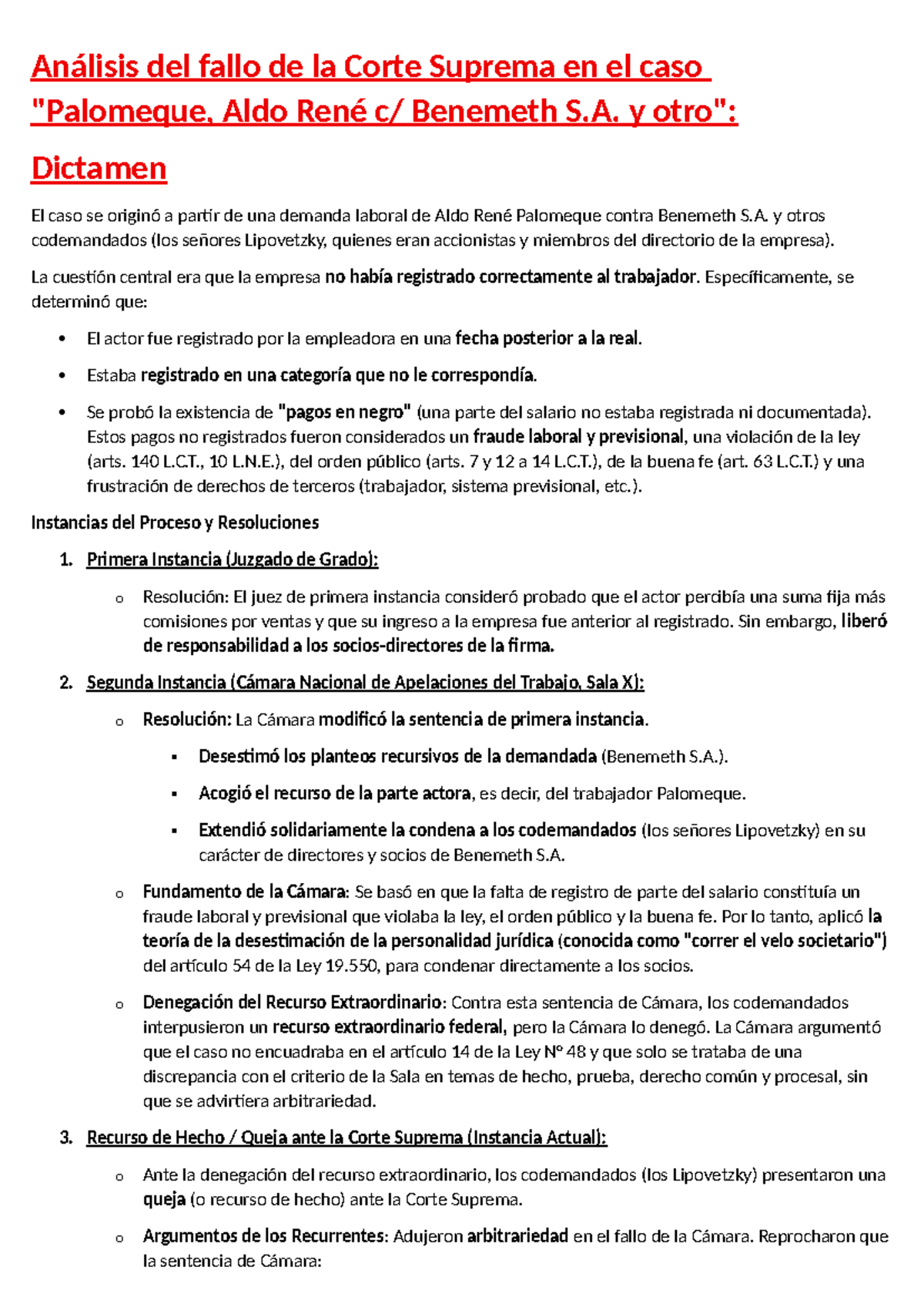 Análisis del fallo de la Corte Suprema en el caso Palomeque vs ...