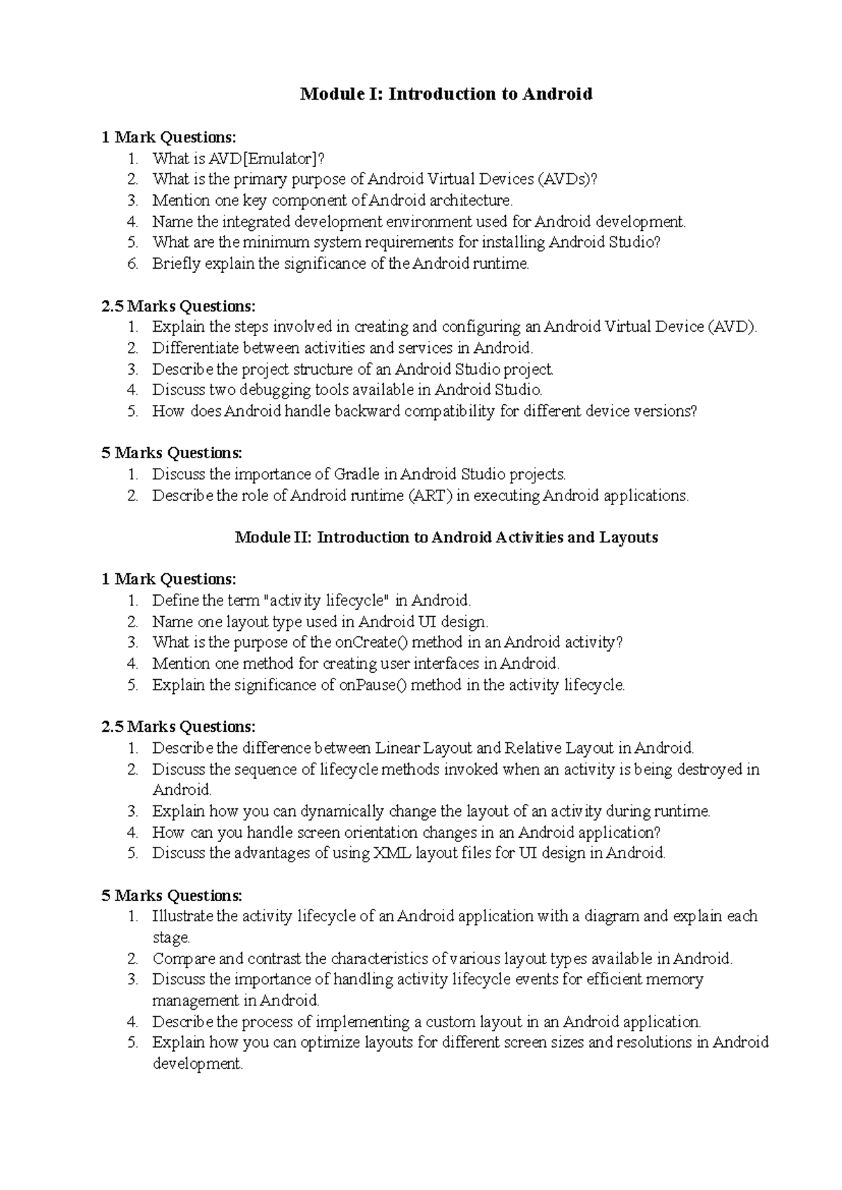 Module I & II: Android App Development Question Bank (1, 2.5, 5 Marks ...