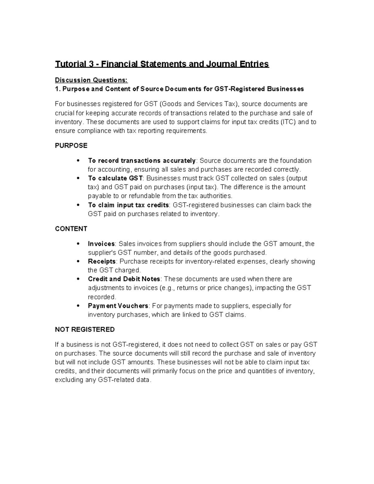 Tutorial 3: Financial Statements & Journal Entries Discussion Questions ...