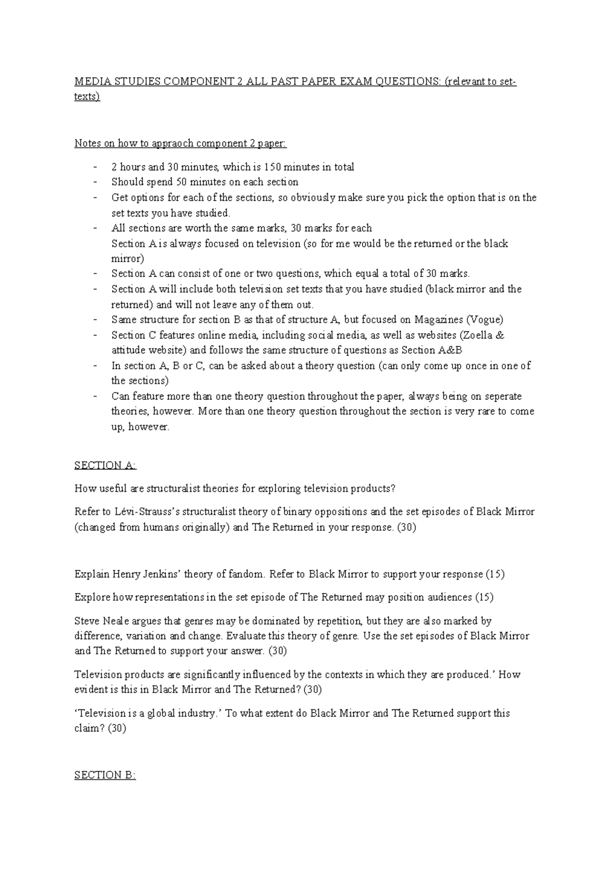 MEDIA STUDIES COMPONENT 2 PAST PAPER EXAM QUESTIONS & NOTES - Studocu