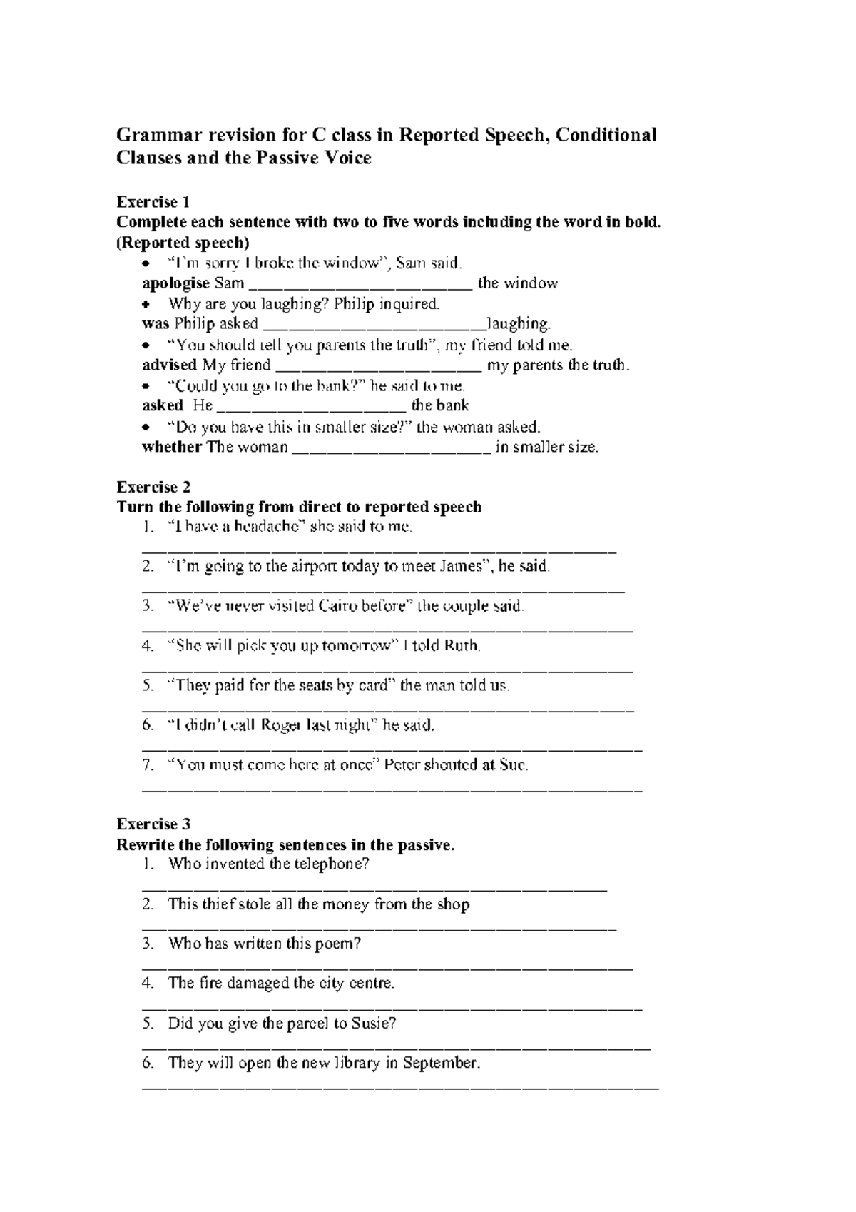 Grammar Revision for C Class: Reported Speech, Conditionals & Passive ...