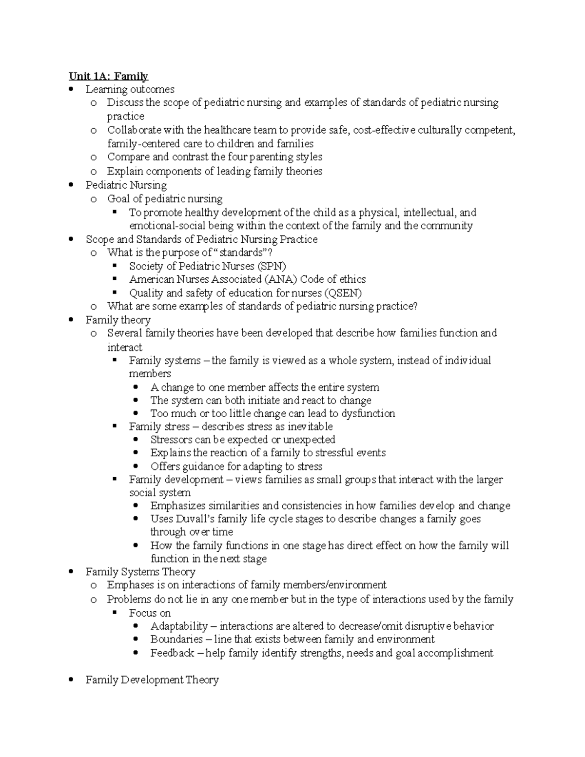 Unit 1: Pediatric Nursing & Family Development Overview - Studocu