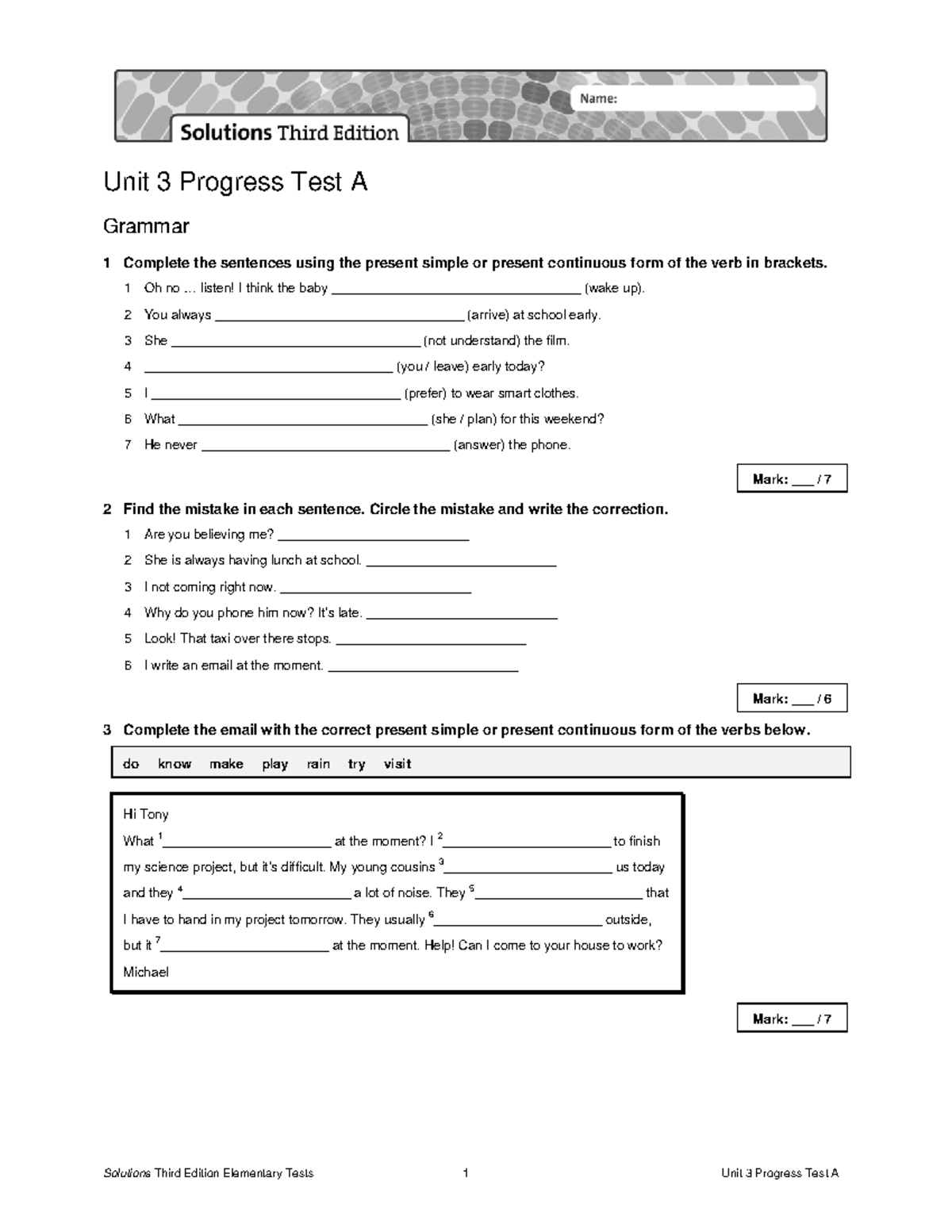 Unit 3 Progress Test A: Grammar & Vocabulary Solutions (Sol3e Elem ...