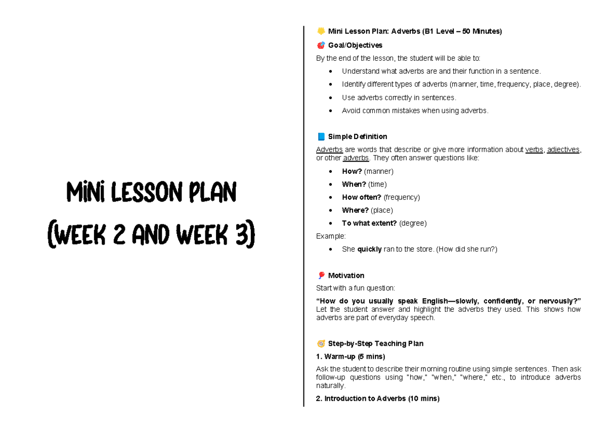 Mini Lesson Plan: Adverbs and Plurals (B1 Level, 50 Min) - Studocu