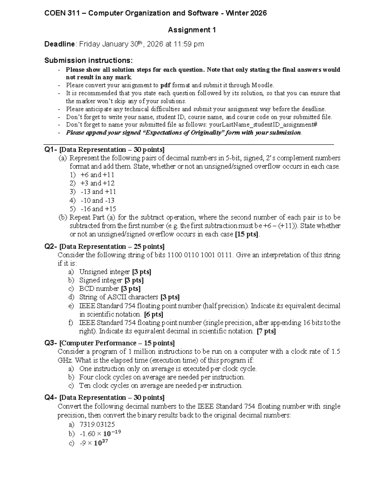 COEN 311 Computer Organization & Software Winter 2026 Assignment 1 ...