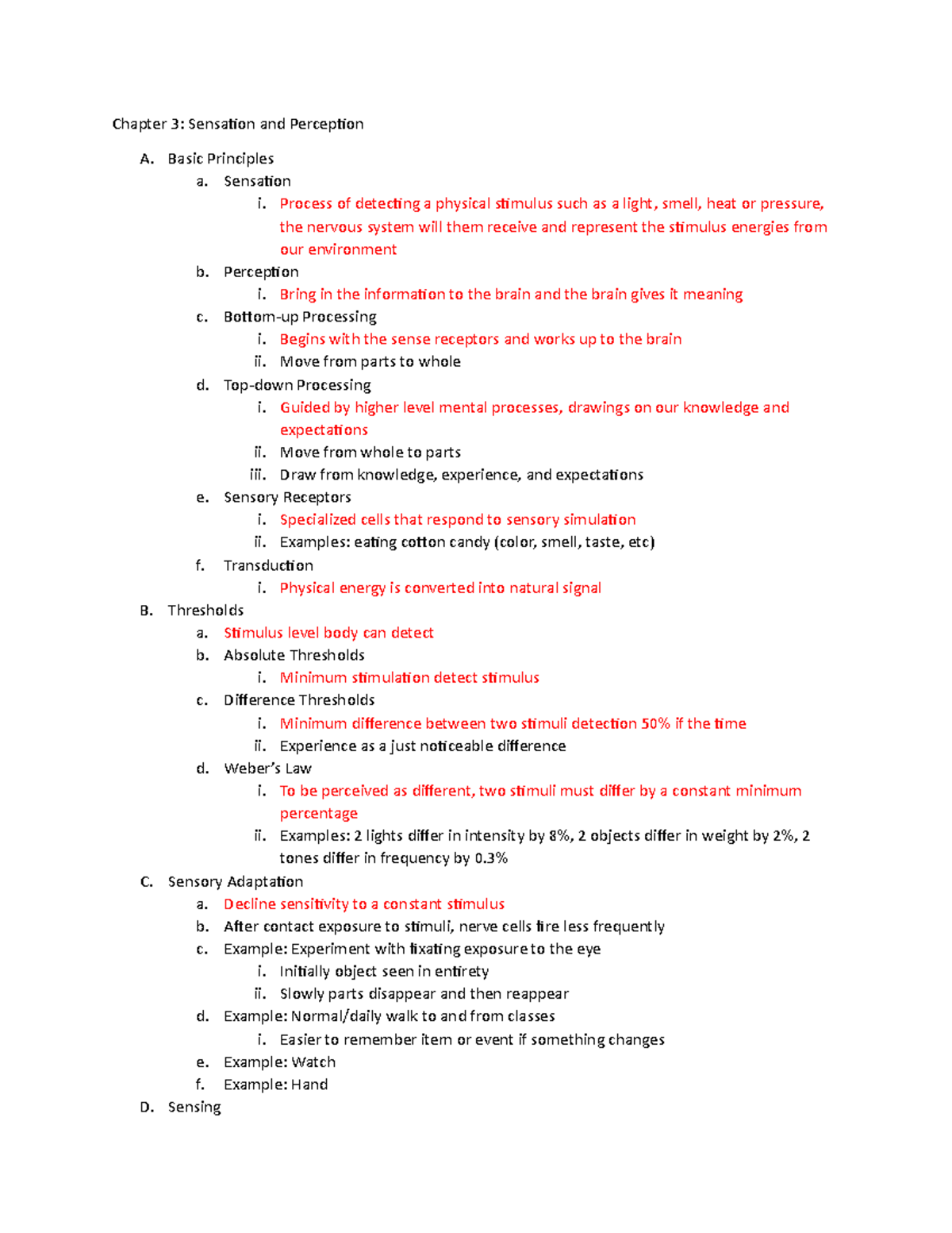 Chapter 3 Notes - Chapter 3: Sensation and Perception A. Basic ...