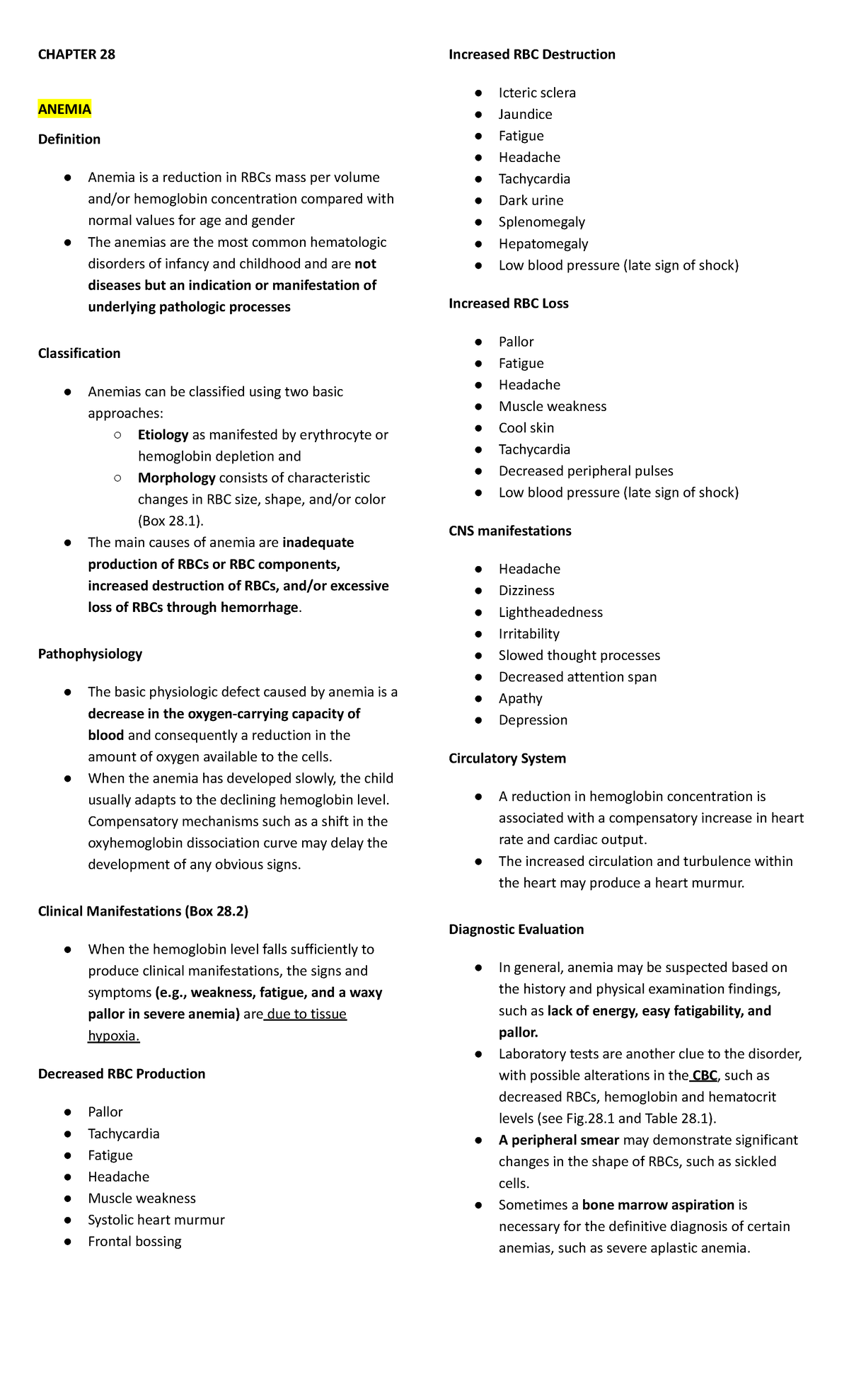 Exam Notes - DT: Chapter 28 Anemia Overview and Management - Studocu