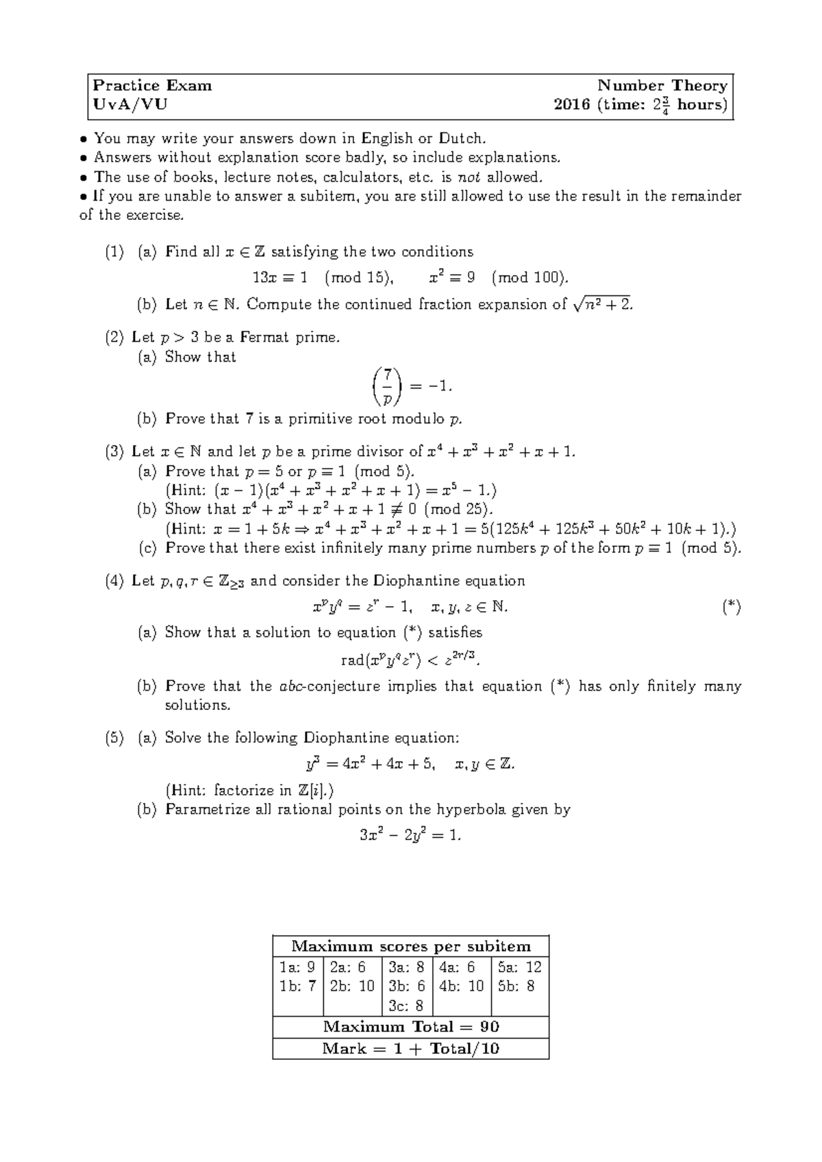 Tentamen December 2016: Practice Exam in Number Theory - Studeersnel