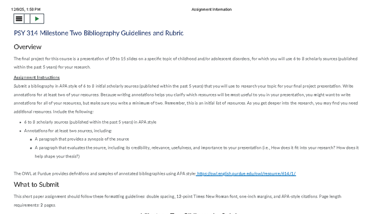 PSY 314 Final Project Milestone Two: Bibliography Guidelines - Studocu