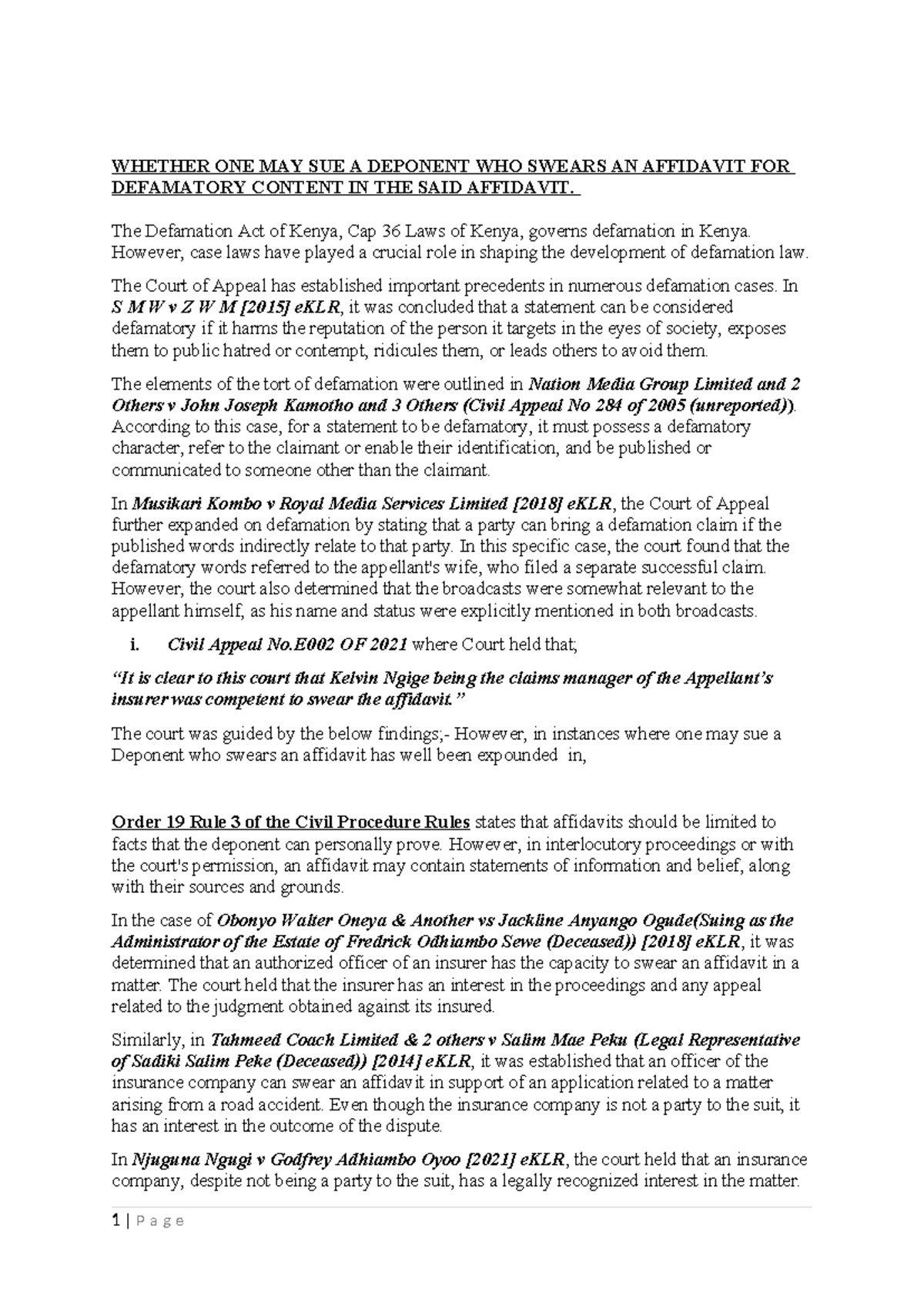 CASE LAWS ON SUING A DEPONENT FOR DEFAMATORY AFFIDAVITS (LAW 101) - Studocu