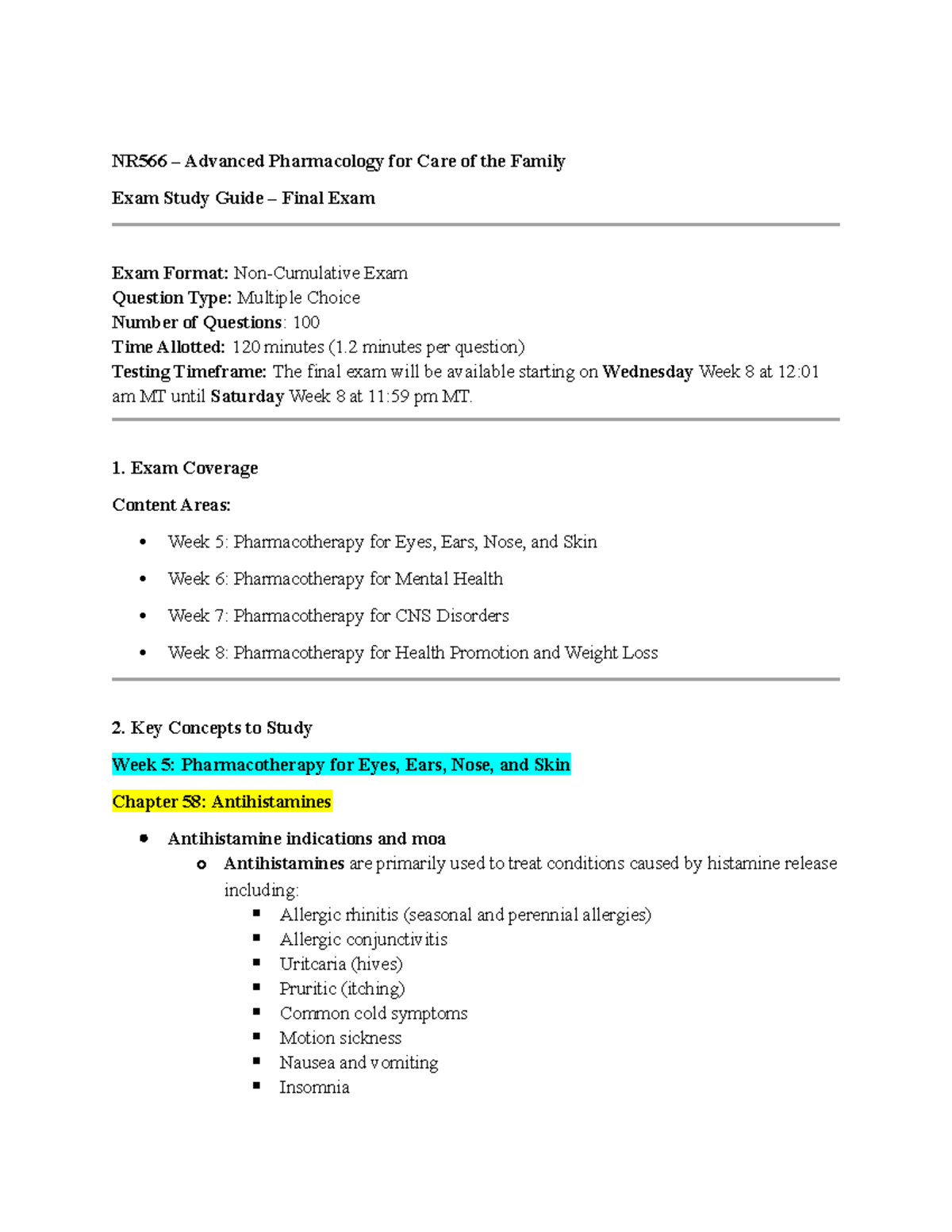 NR566 Advanced Pharmacology Final Exam Study Guide - Studocu