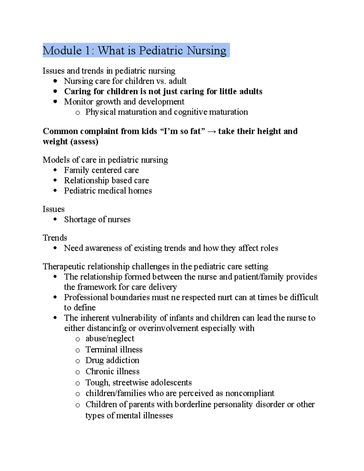 Peds 2 - Lecture Notes on Pediatric Nursing: Key Concepts & Trends ...