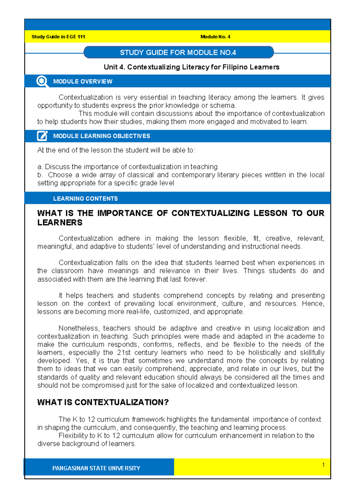 Contextualizing Literacy for Filipino Learners - Study Guide (Module 4 ...