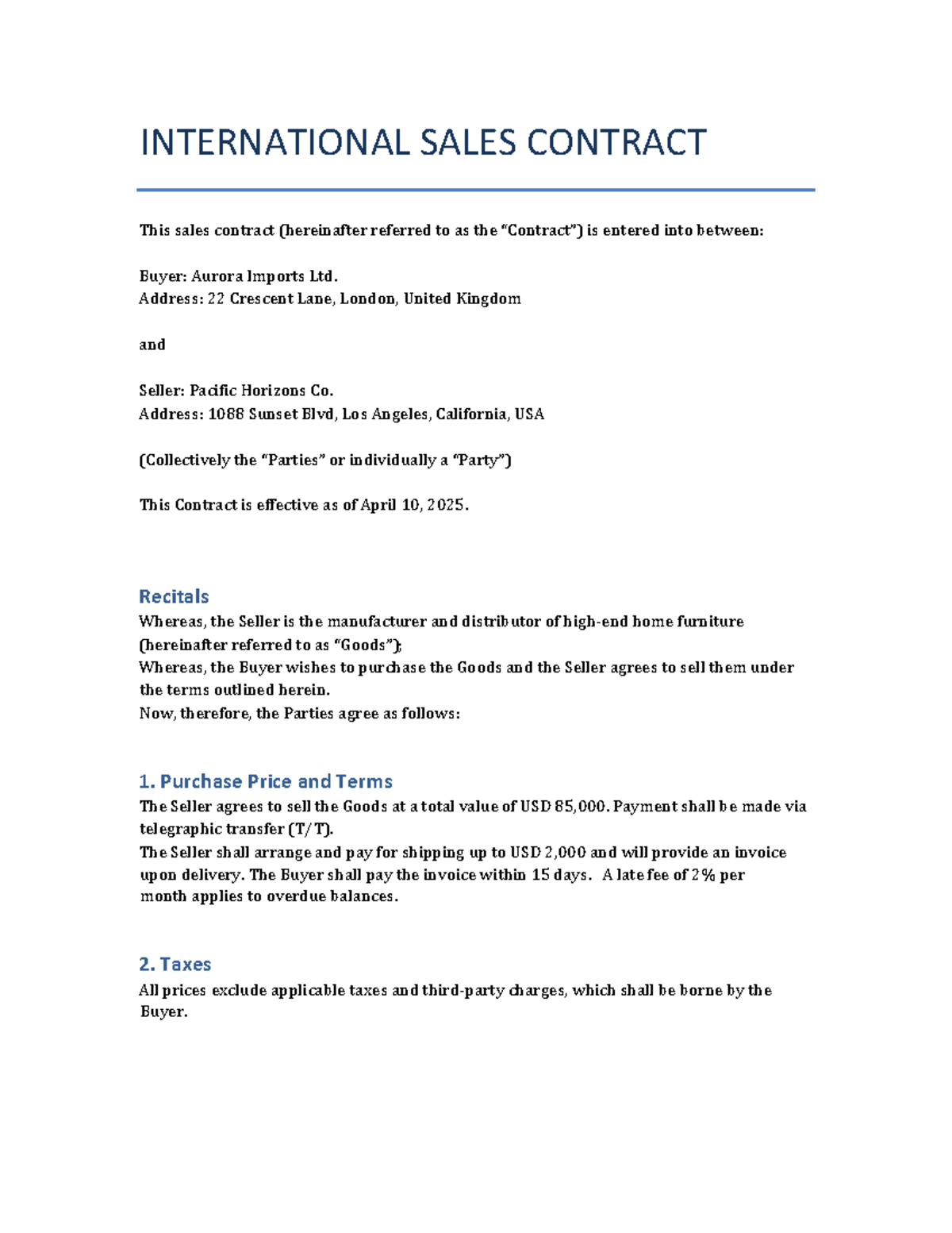 INTERNATIONAL SALES CONTRACT: Buyer & Seller Agreement Details - Studocu