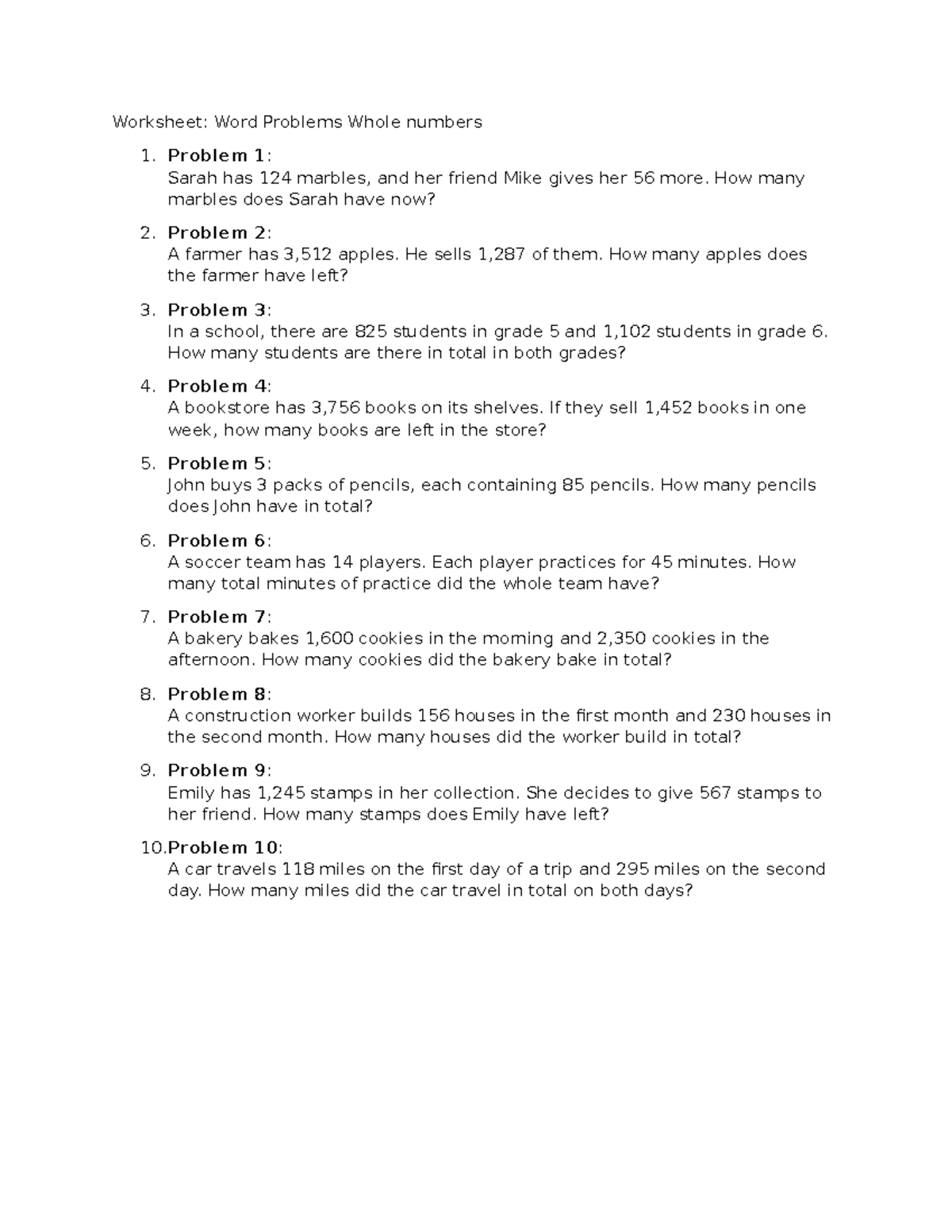 Word Problems on Whole Numbers Worksheet for Practice - Studocu