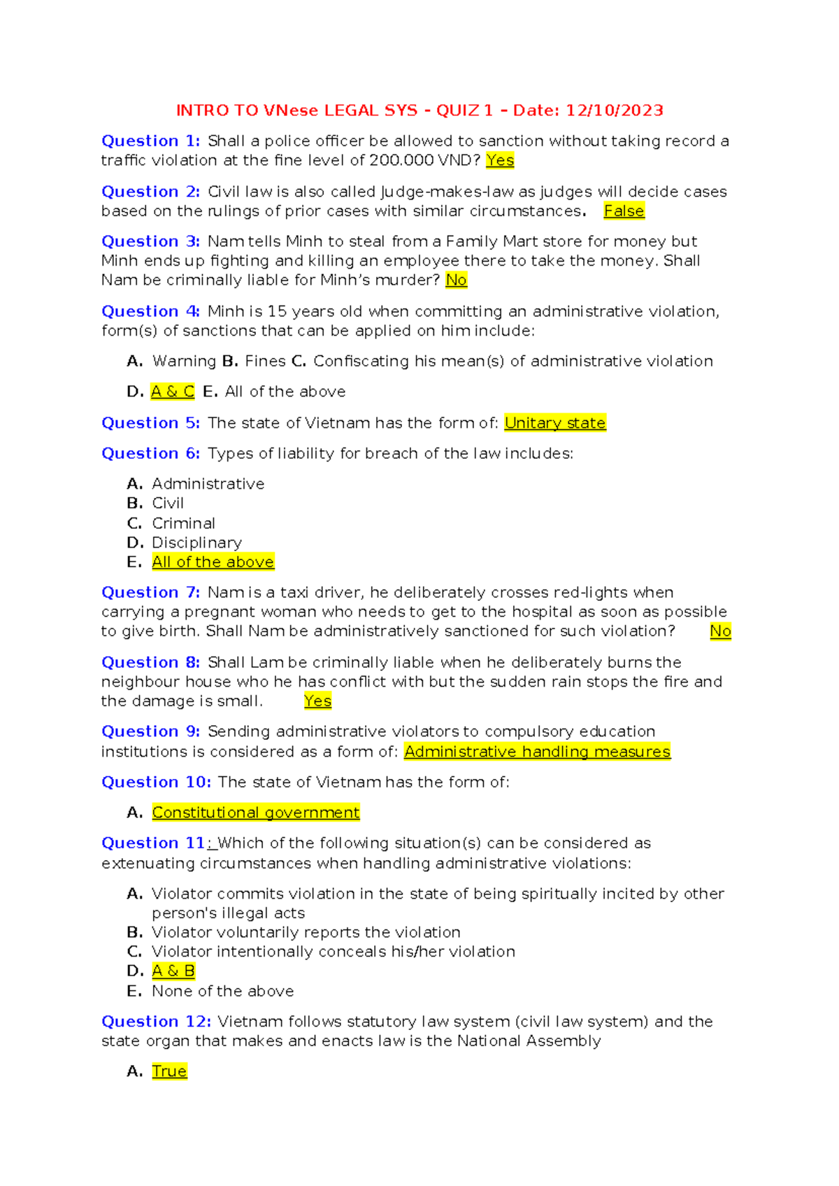 Intro to Vietnamese Legal System Quiz 1 - Answers & Insights - Studocu