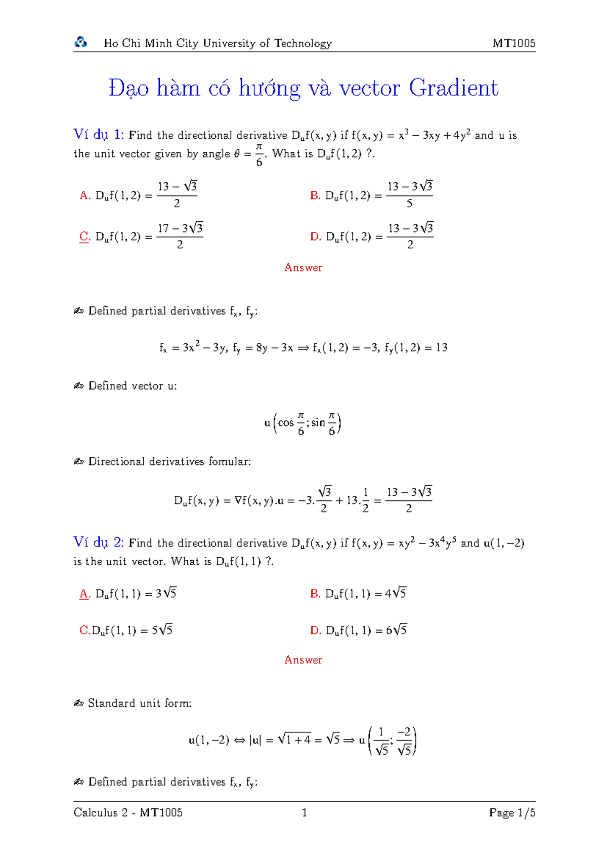 Directional Derivatives and Gradient Vectors - Calculus 2 MT1005 - Studocu