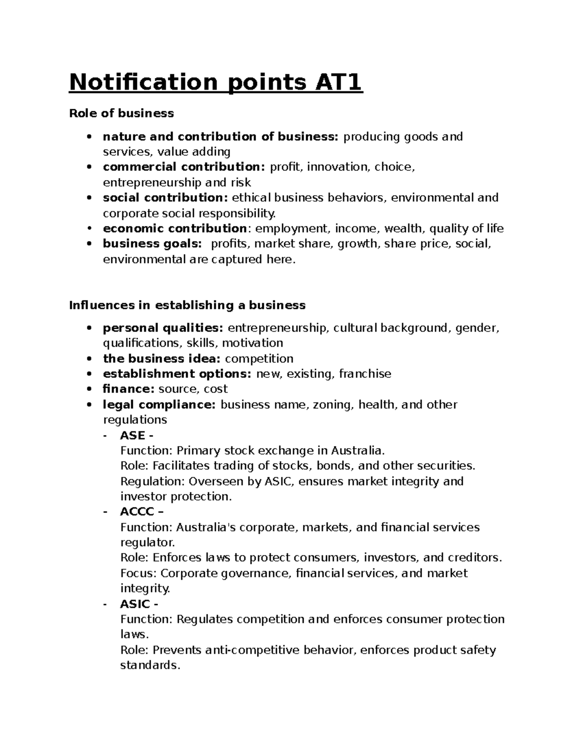 Business Study Notes: AT1 & AT2 on Business Nature, Management, and ...