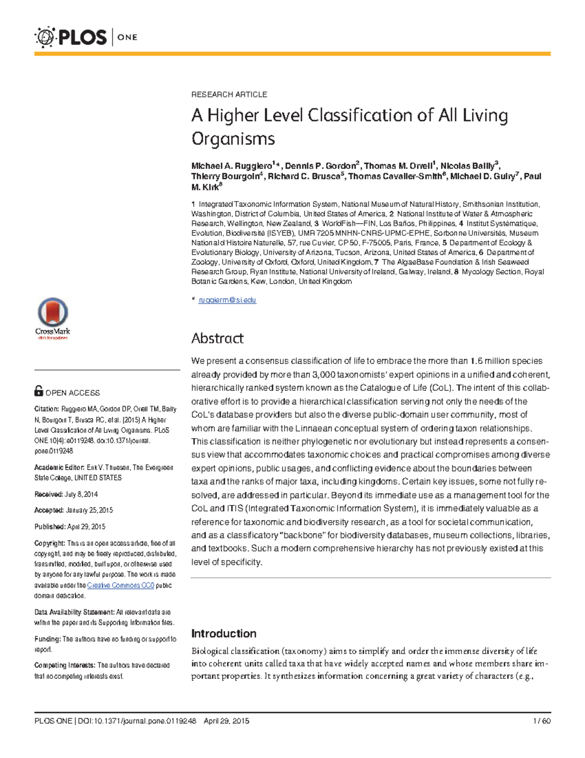 A Higher Level Classification of All Living Organisms - Ruggiero et al ...