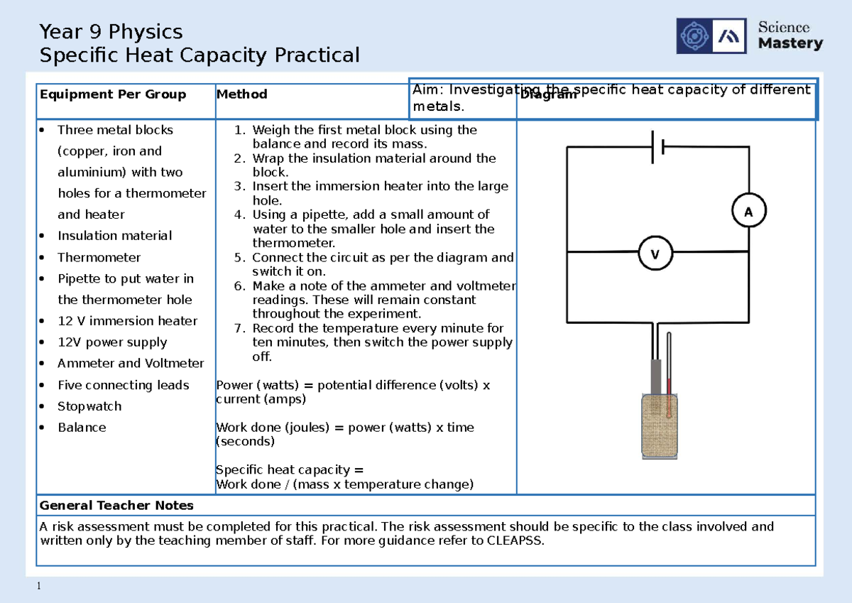 P3.2.6 Year 9 Physics Specific Heat Capacity Practical Guide - Studocu