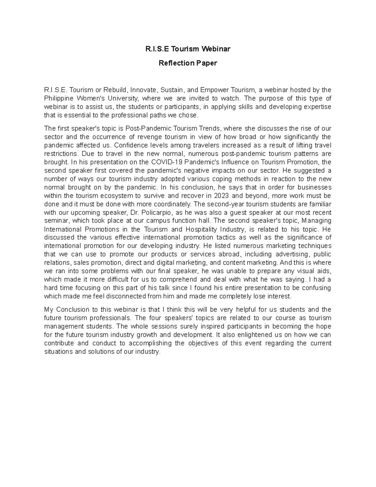 R.I.S.E. Tourism Webinar Reflection Paper: Insights & Learnings - Studocu