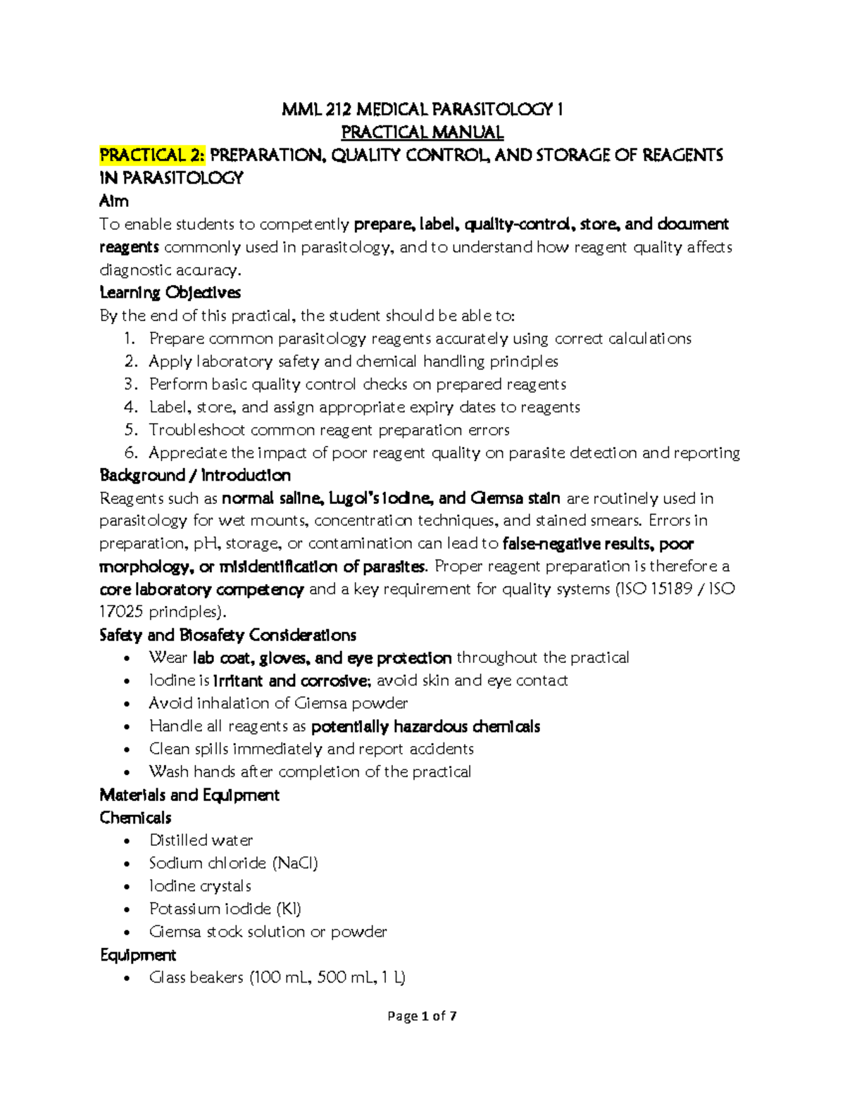 MML 212 Practical 2: Reagent Preparation & Quality Control in ...