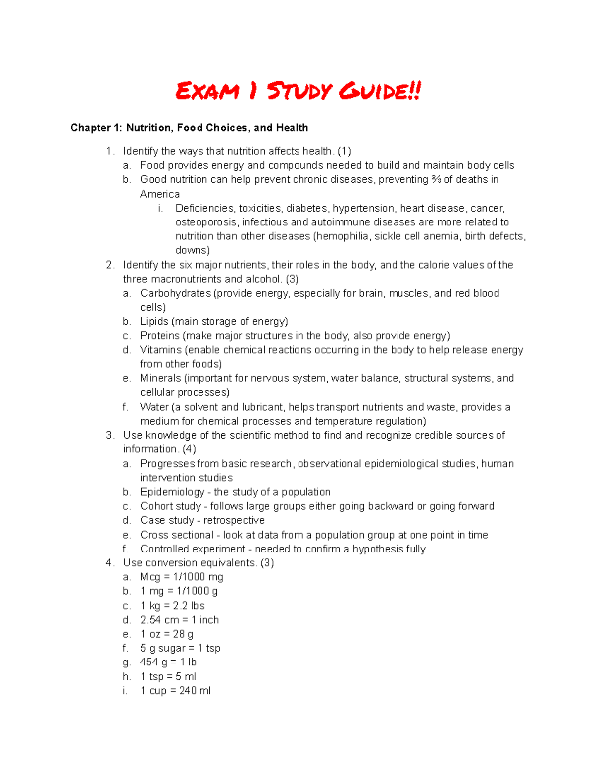 NUTR 101: Exam 1 Study Guide on Nutrition & Health Essentials - Studocu