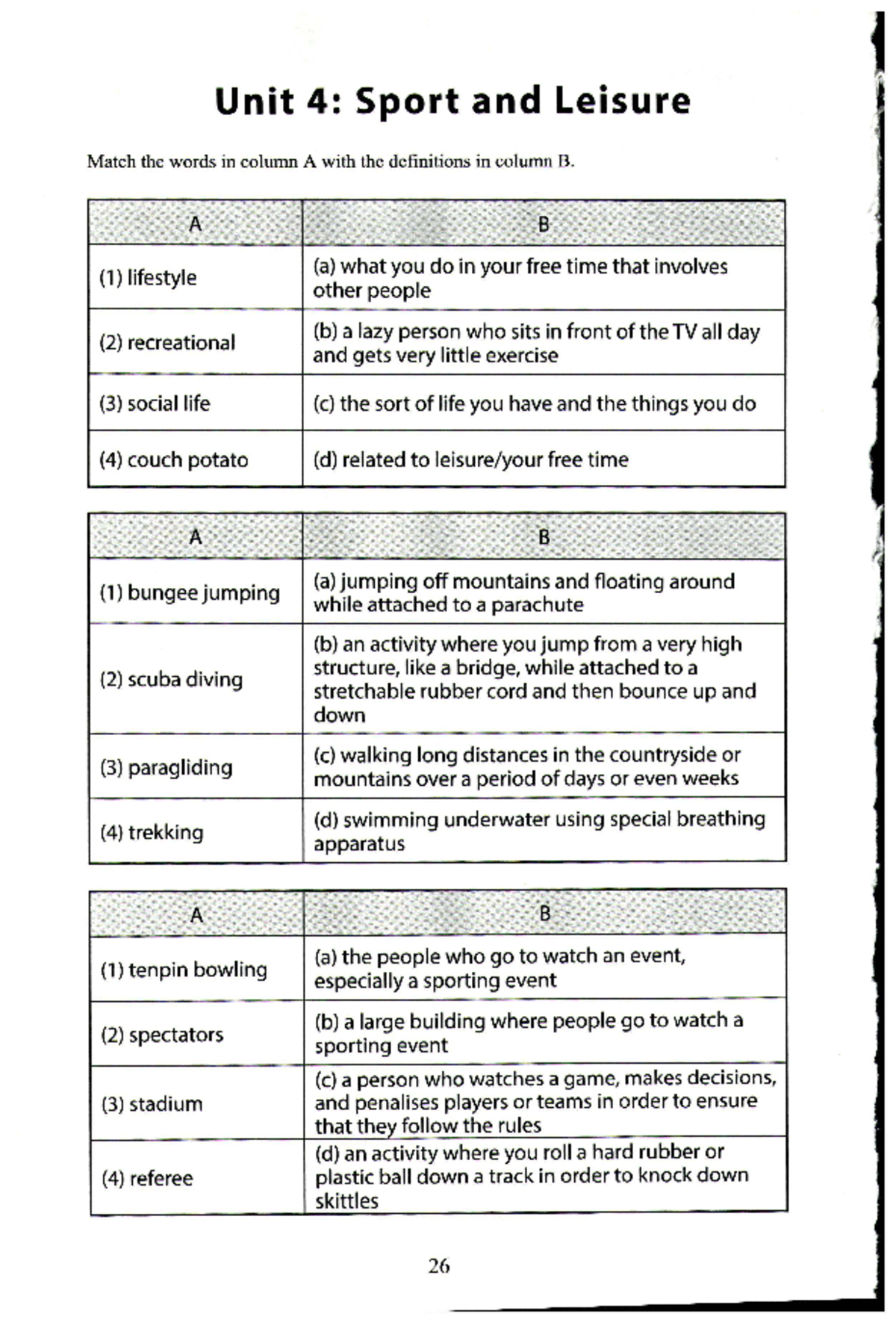 Vocab Exercises for Unit 4: Sport and Leisure Vocabulary - Studocu