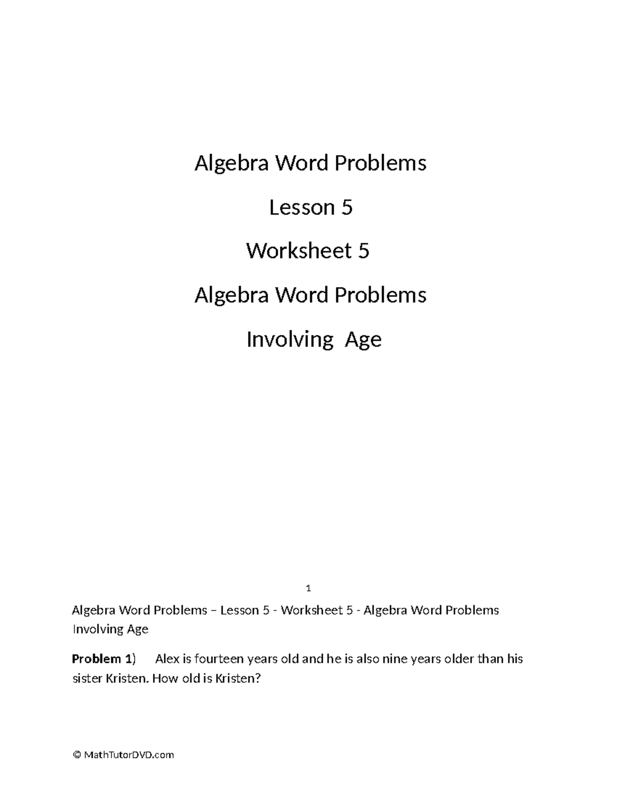 Algebra Word Problems Lesson 5: Age Problems Worksheet 5 - Studocu