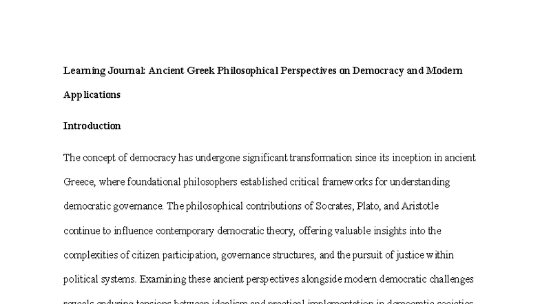 Learning Journal 1: Ancient Greek Philosophy on Democracy - Studocu