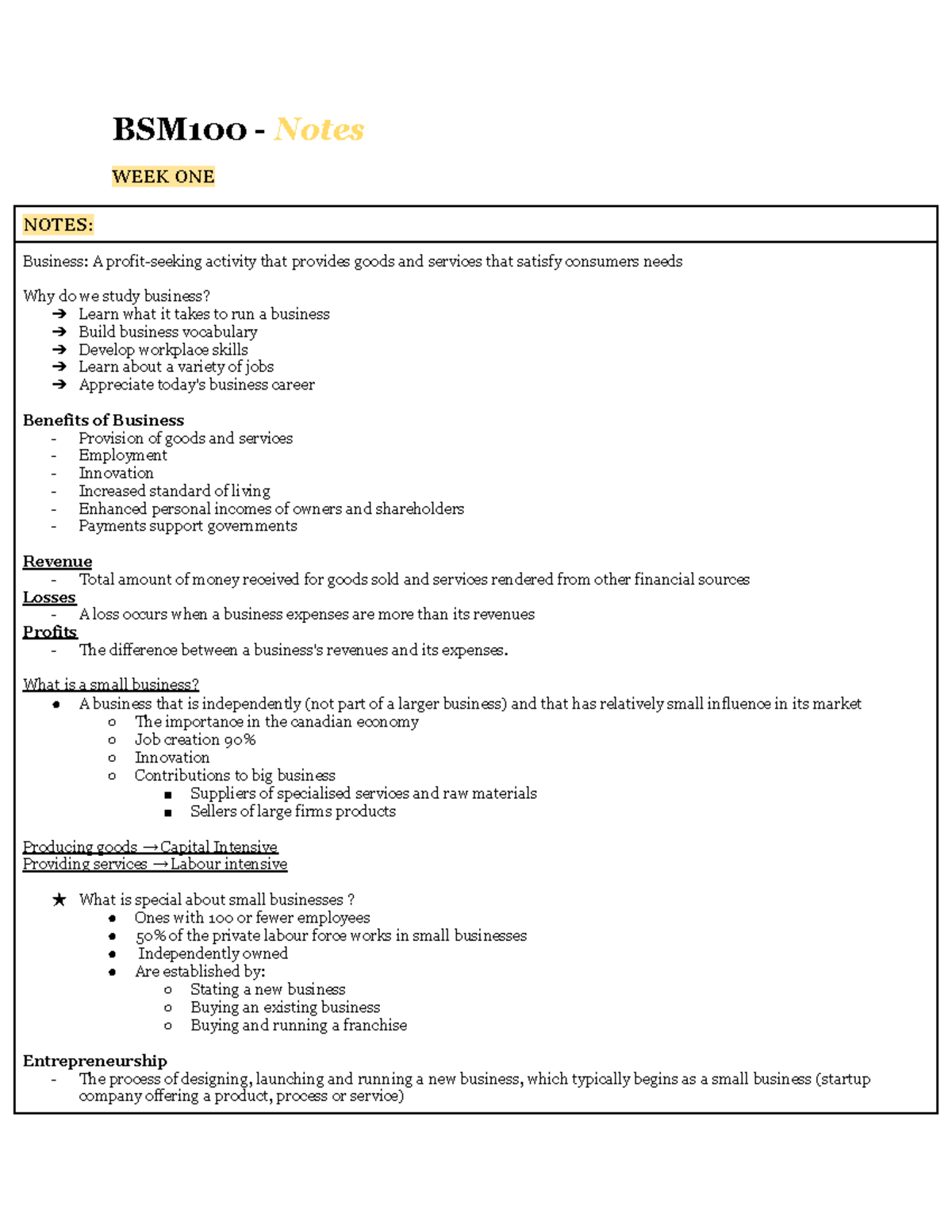 BSM 100 - Comprehensive Lecture Notes from Weeks 1 to 11 - Studocu