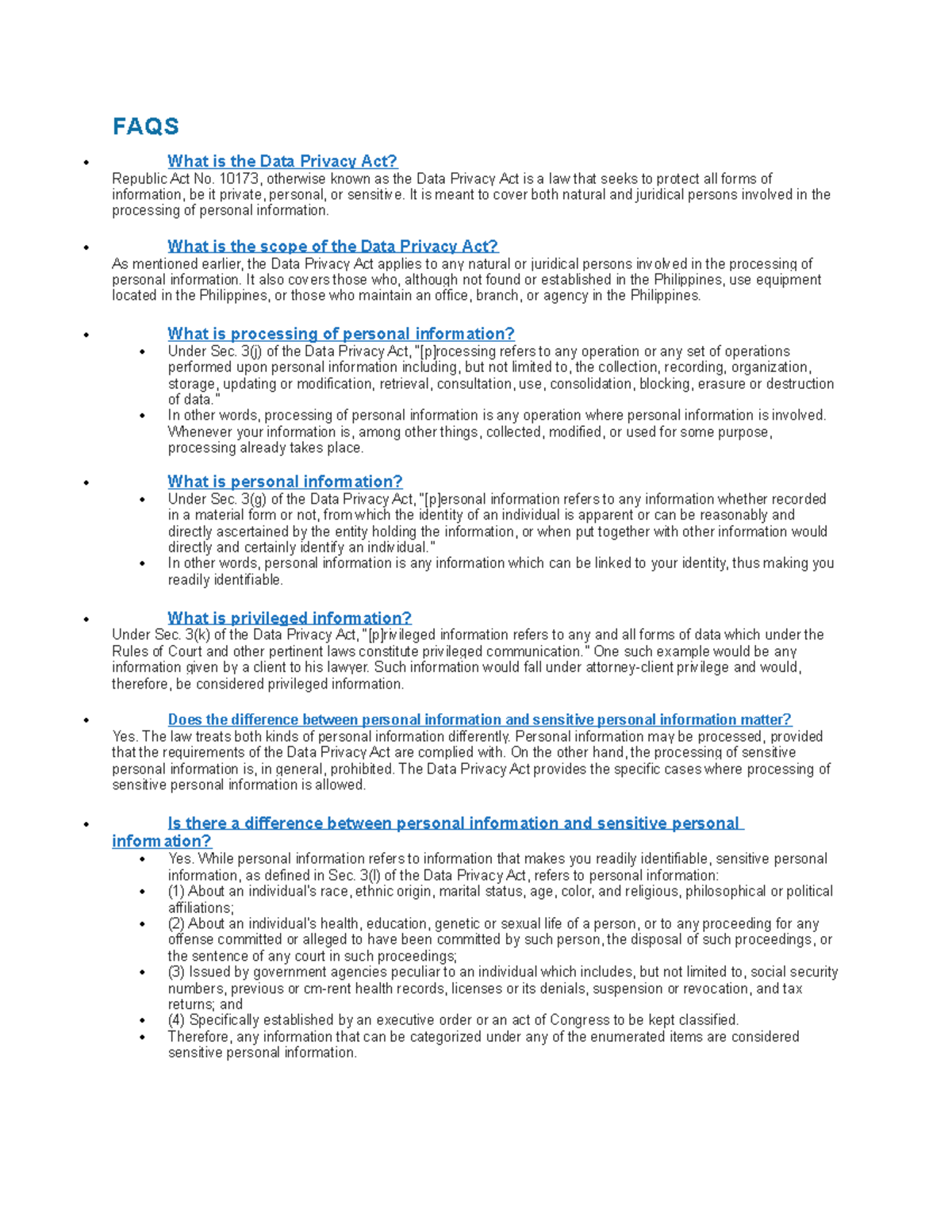 RA 10173 Data Privacy Act FAQs - Key Points & Exceptions - Studocu