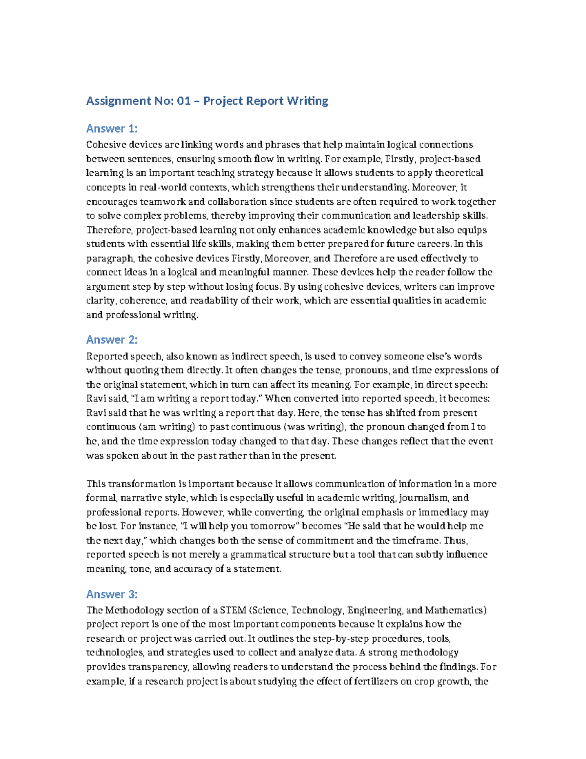 Assignment 01: Project Report Writing Insights and Techniques - Studocu