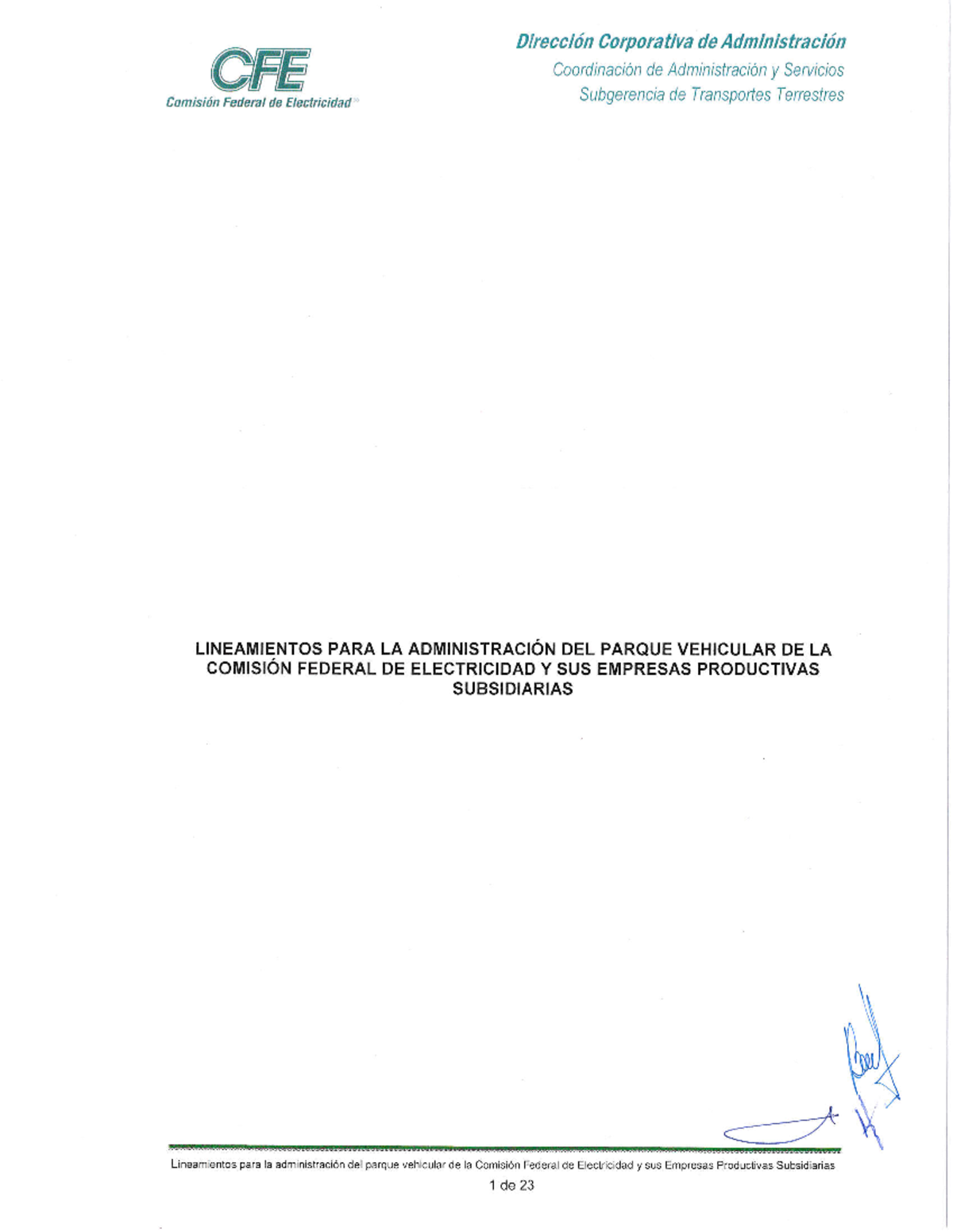 Lineamientos para la Administración del Parque Vehicular de la CFE y sus EPS - Document Preview