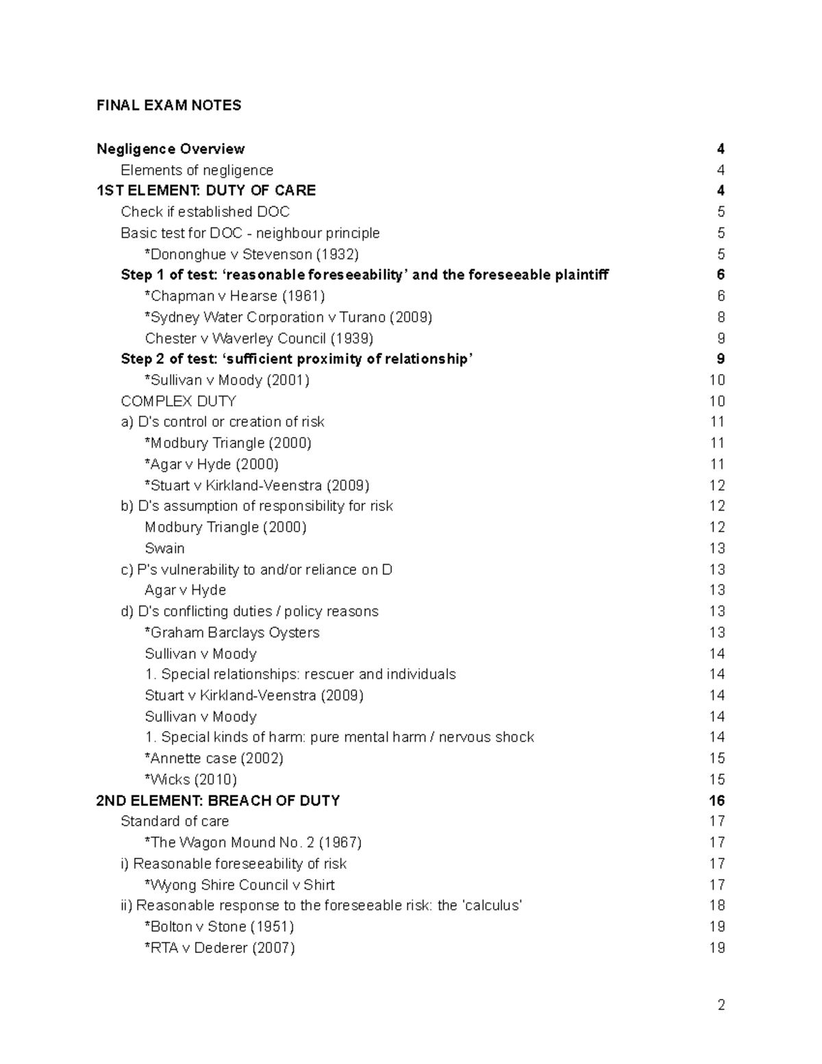 Torts 101: Final Exam Notes on Duty of Care and Negligence - Studocu
