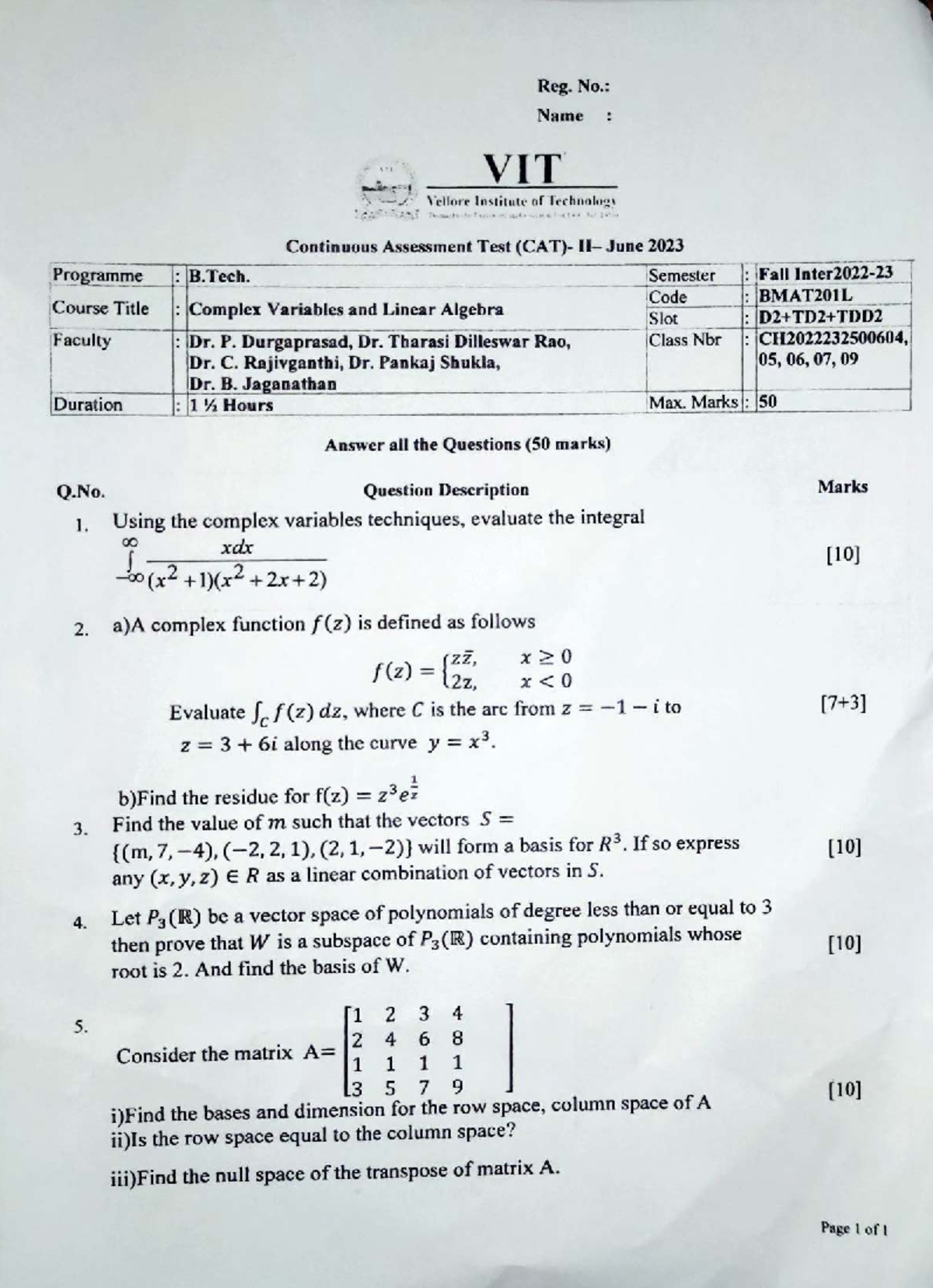Complex Variables and Linear Algebra CAT I - BMAT201L June 2023 - Studocu