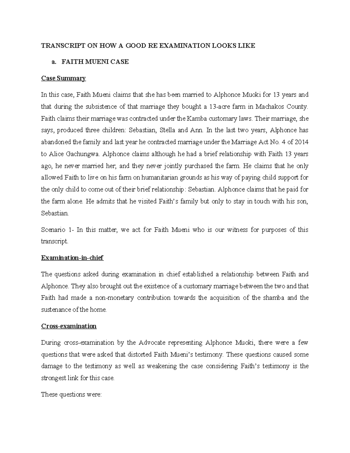 Transcript on Good RE Examination: Faith Mueni & Desmond Peters Cases ...