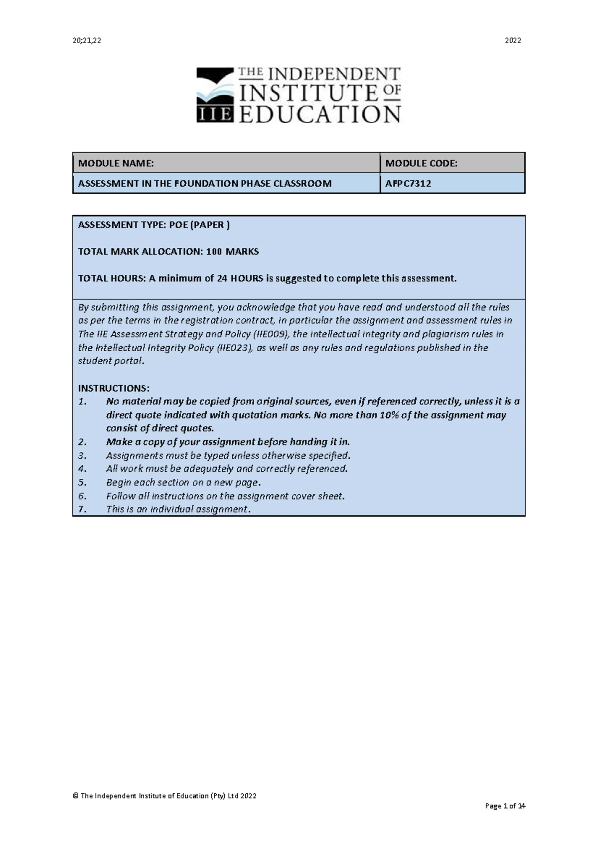 AFPC7312 POE - Assessment Process and Feedback Guidelines - Studocu