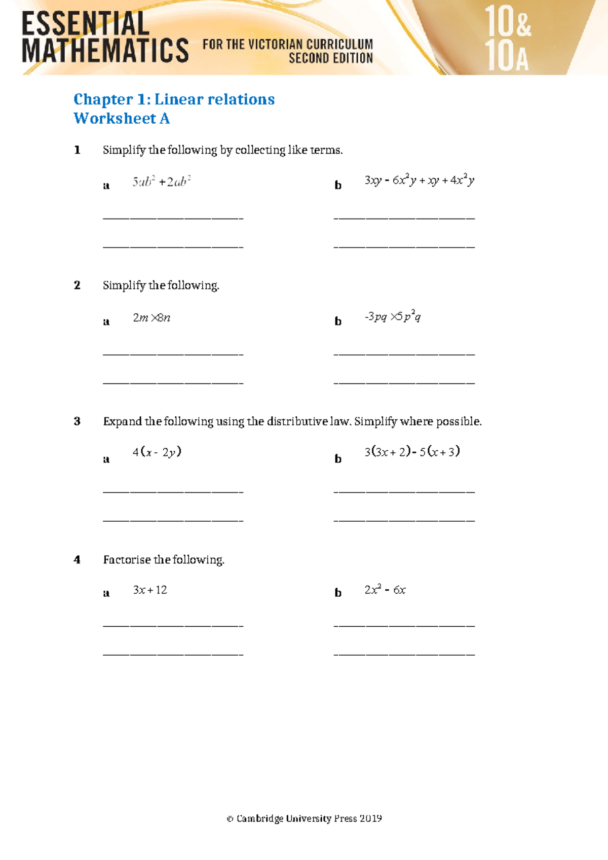 Chapter 1: Linear Relations Worksheet A - Simplifying Expressions - Studocu