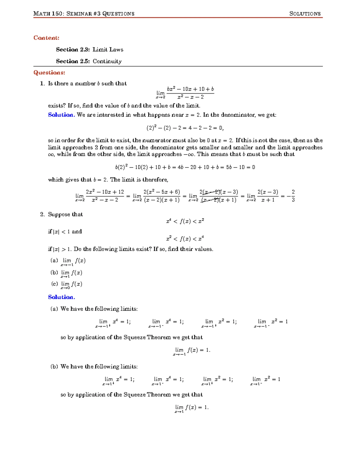 MATH 151 D100 Midterm Practice: Limits and Continuity Concepts - Studocu