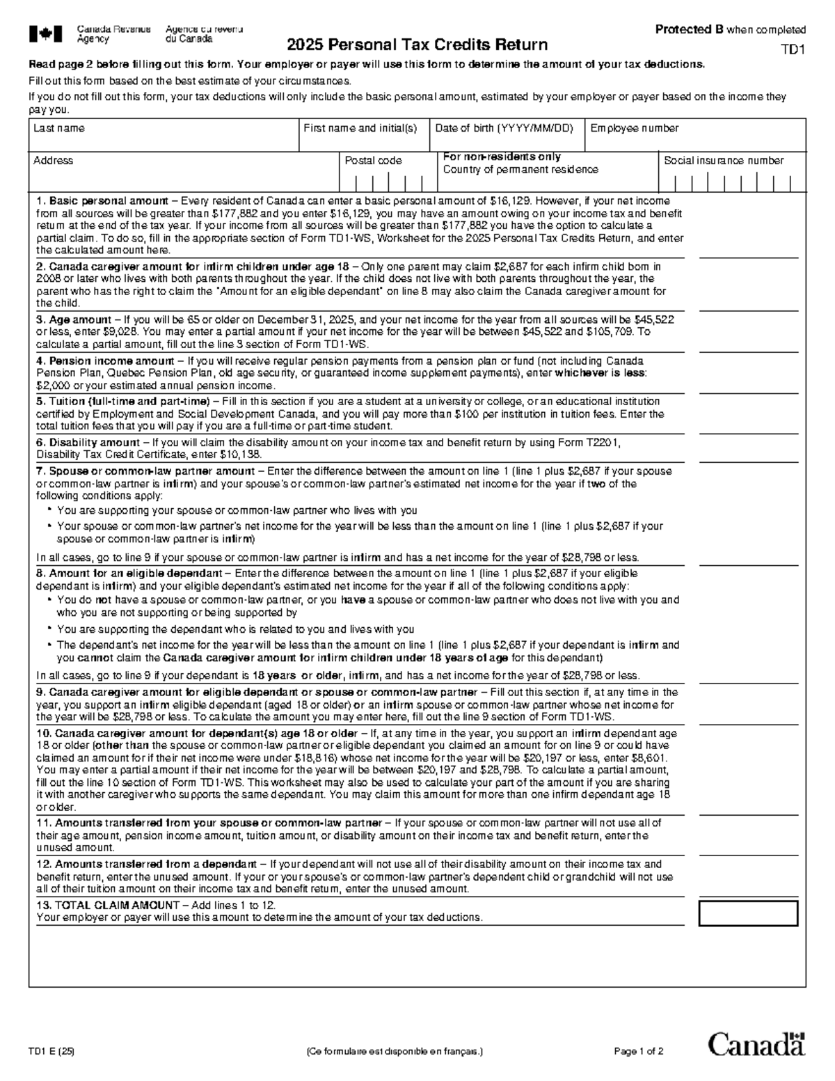 TD1 2025 - Personal Tax Credits Return Instructions and Guidelines ...